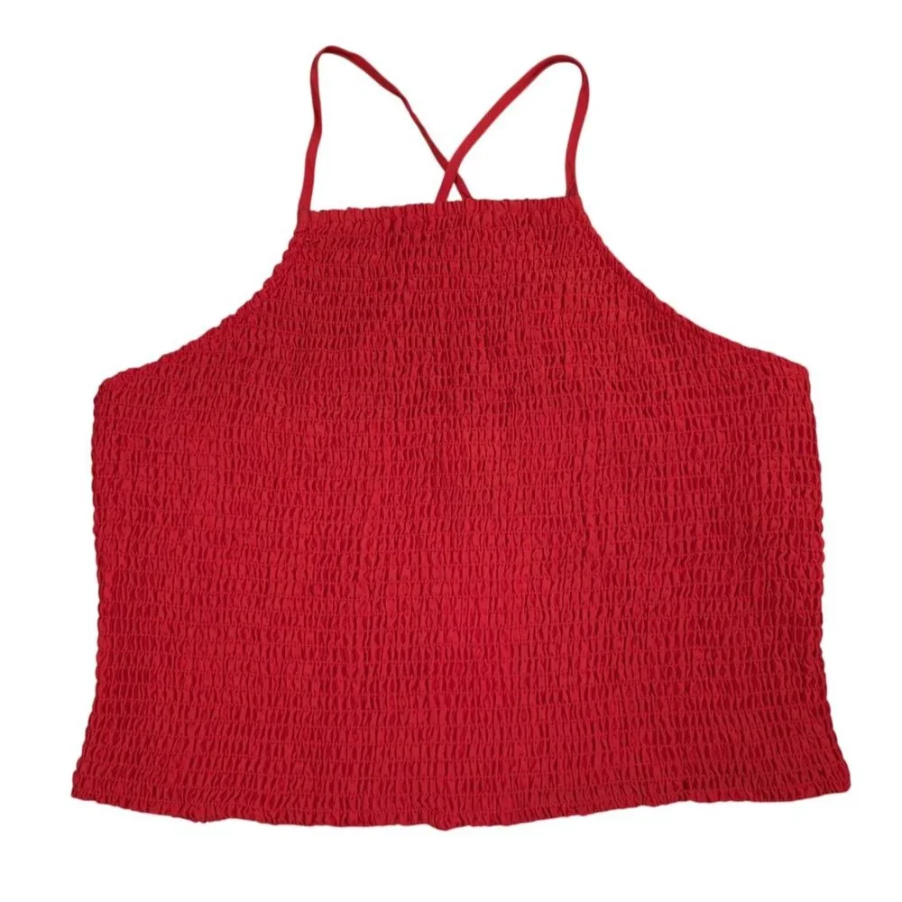 A New Day Red Smocked Crop Top L NWT Elastic Strap Summer Blouse. - Picture 1 of 6